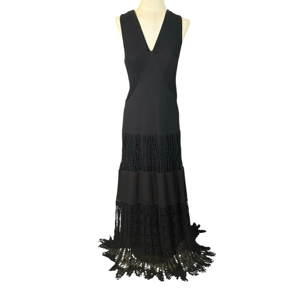 VTG Y2K Black Cotton Boho Maxi Dress Medium Smocked Crochet Knit‎ Slip Casual